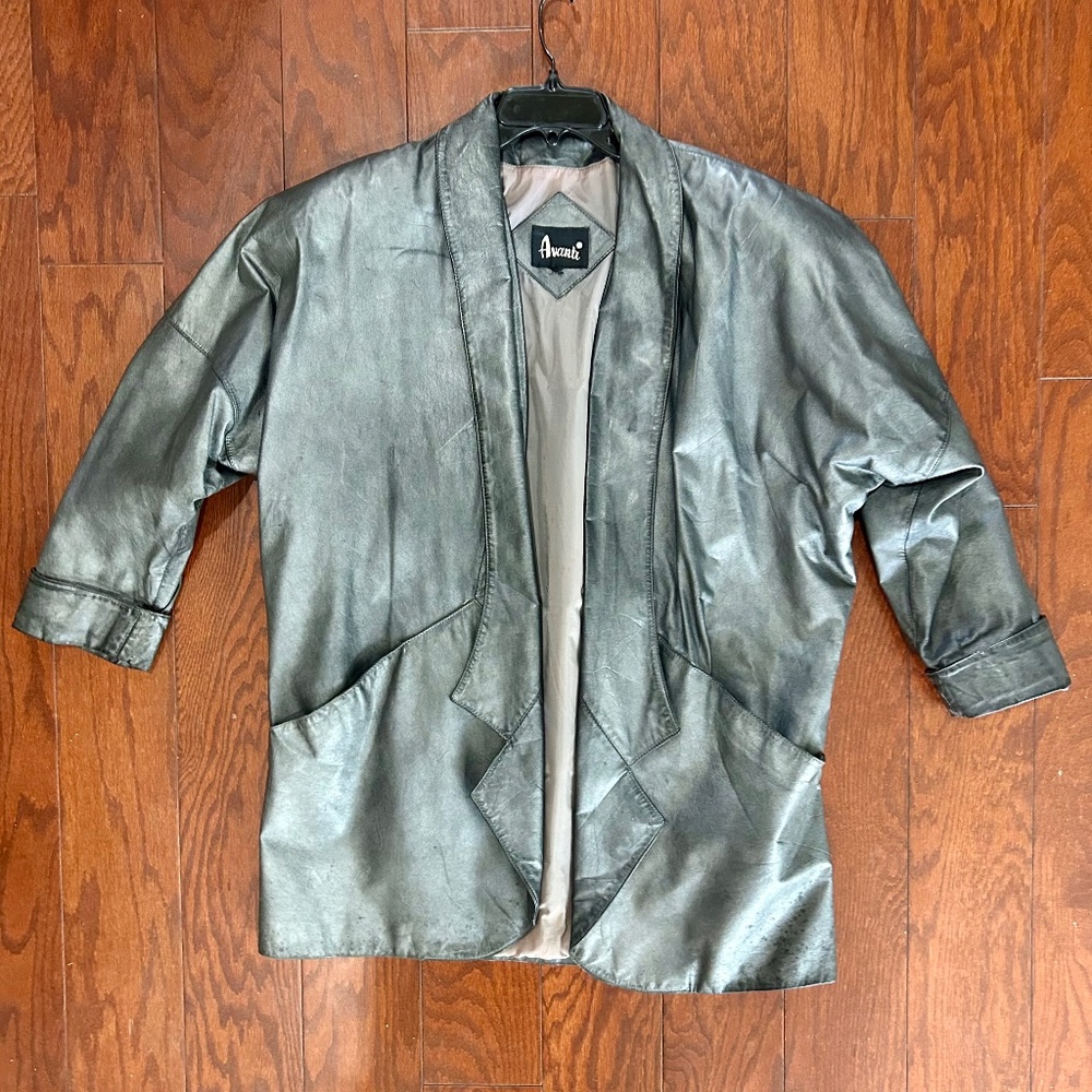 80s Vintage Avanti Leather Coat Blazer Open-Front Draped Metallic Grey Silver